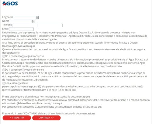 inserimento dati personali per prestito rataweb primo step