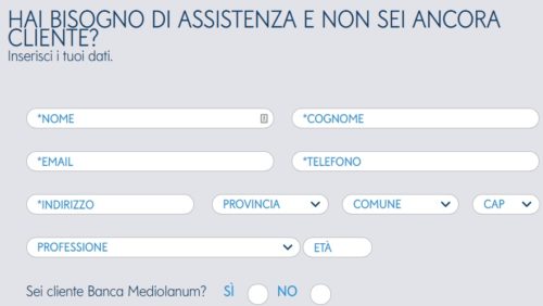 schermata richiesta informazioni online banca mediolanum